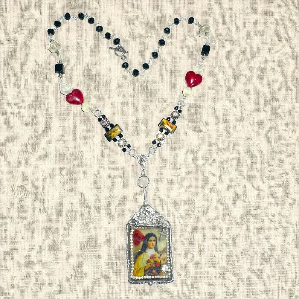 Handcrafted St Teresa Glass Shadow Box Pendant & Artisan Metalwork & Necklace - Picture 12 of 15